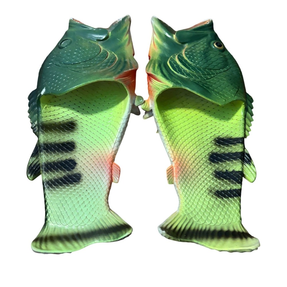 Coddies Fish Flip Flops Slides Green Bass‎ Fish Shoes Novelty Sandals Size 38/39